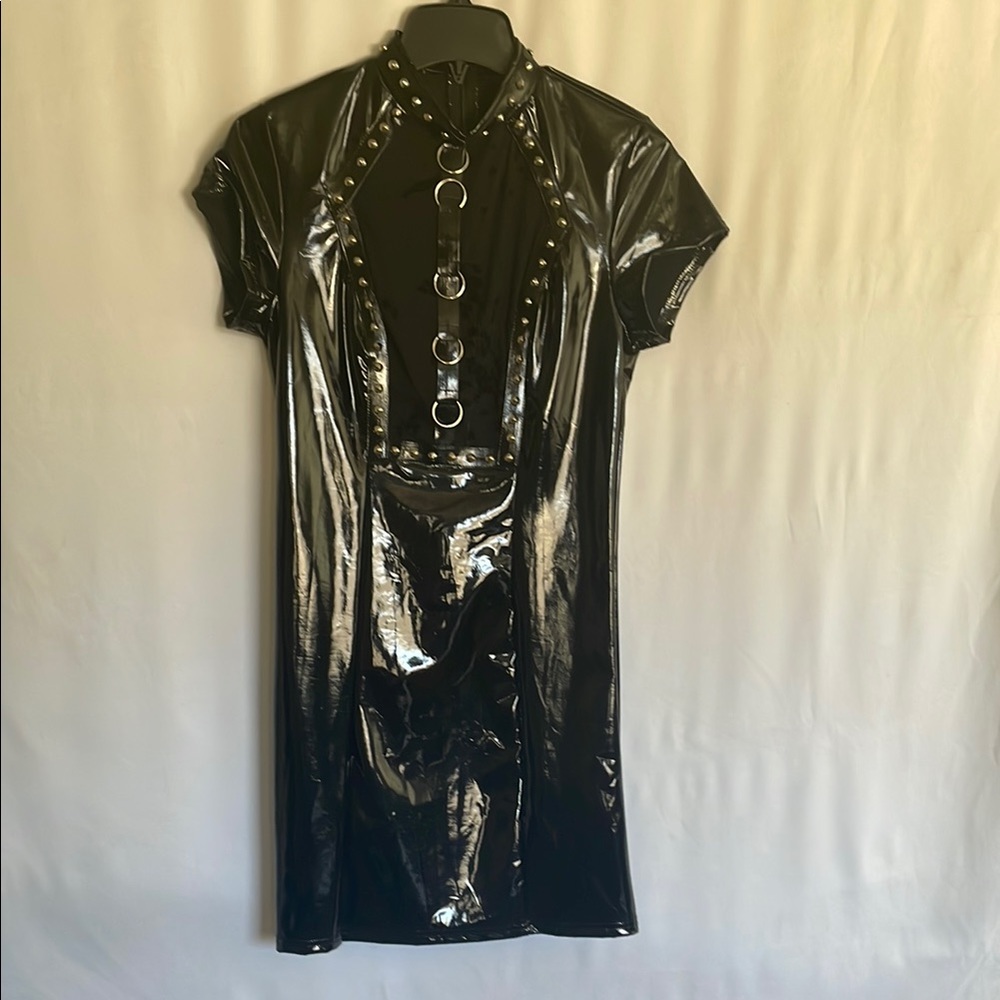 Black Vinyl Dress with Metal Ring Accents